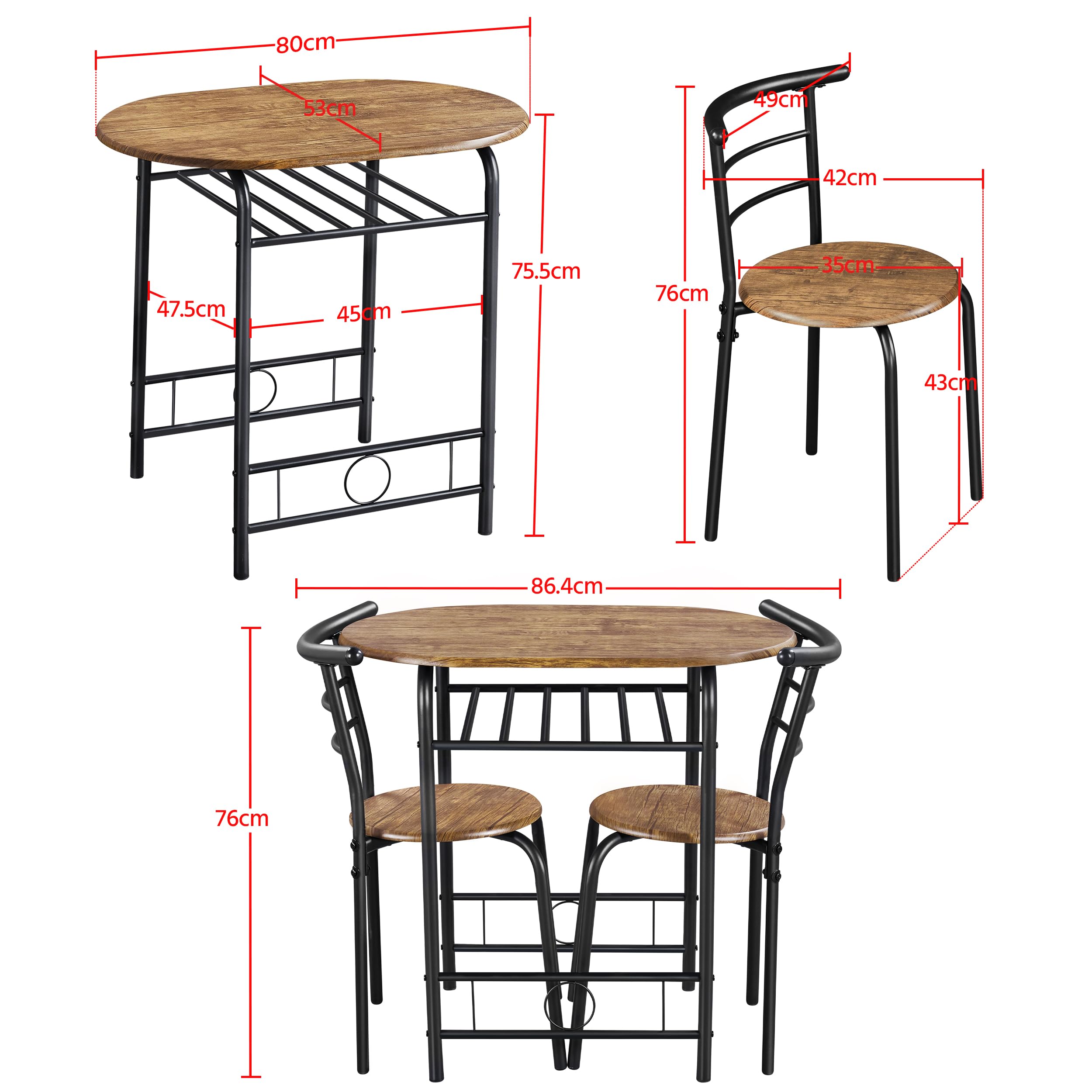 Yaheetech Set Mobili da Bar Tavolo e 2 Sedie Sala da Pranzo Cucina Piccoli Spazi Salvaspazio Balcone per 2 Persone in Legno e Metallo Sedia Portata 136 kg Marrone Retro