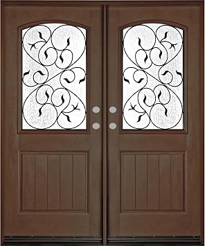 Exterior Fiberglass Double Door with Iron Grill Glass Pre-Hung Pre-Finished Entry Double Door FD04- Righthand Swing 36x80