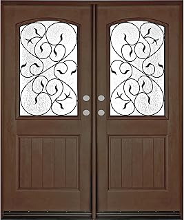 Exterior Fiberglass Double Door with Iron Grill Glass Pre-Hung 61 1/4" x 81" x 5 1/4" -Finished FD04- Righthand Swing (Double Door 30" x 80")
