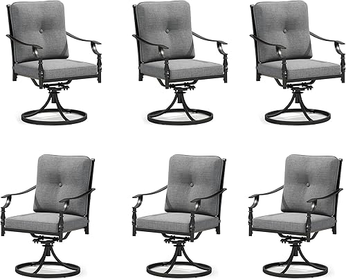 Miniatura 12 de PHI VILLA Juego de comedor al aire libre de 7 piezas para 6, mesa de comedor rectangular de acero negro con sillas fijas y giratorias de hierro,