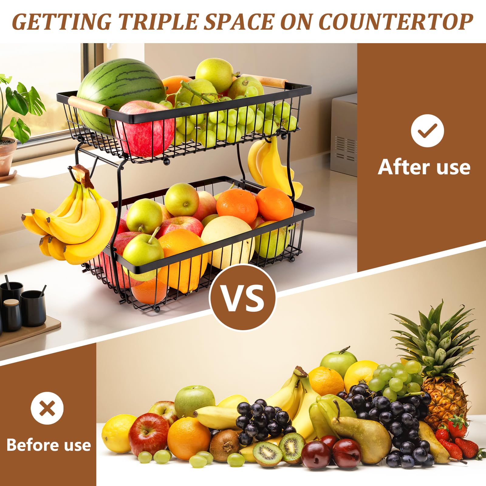 FoiiLiio Porta Frutta da Tavolo Cestino Portafrutta a 2 Ripiani per Cucina Cestino di Frutta e Verdura da Appoggio, Fruttiera per Frutta Vassoio per Pane Staccabile in Filo Metallico