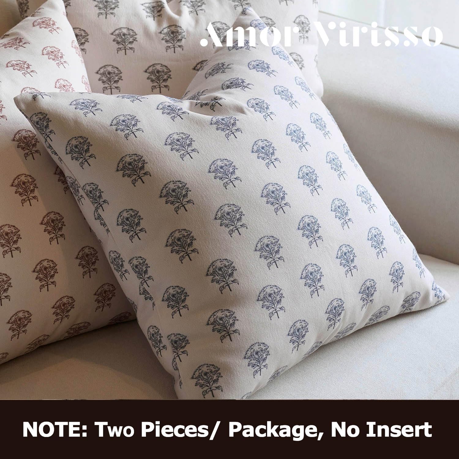Amor Virisso Set of 2 Floral Throw Pillow Covers 18x18 Inch, Vintage Decorative Block Print Pillow Covers Neutral Accent Farmhouse Pillows Home Decor for Sofa Couch Bed, Dusty Blue - Image 4