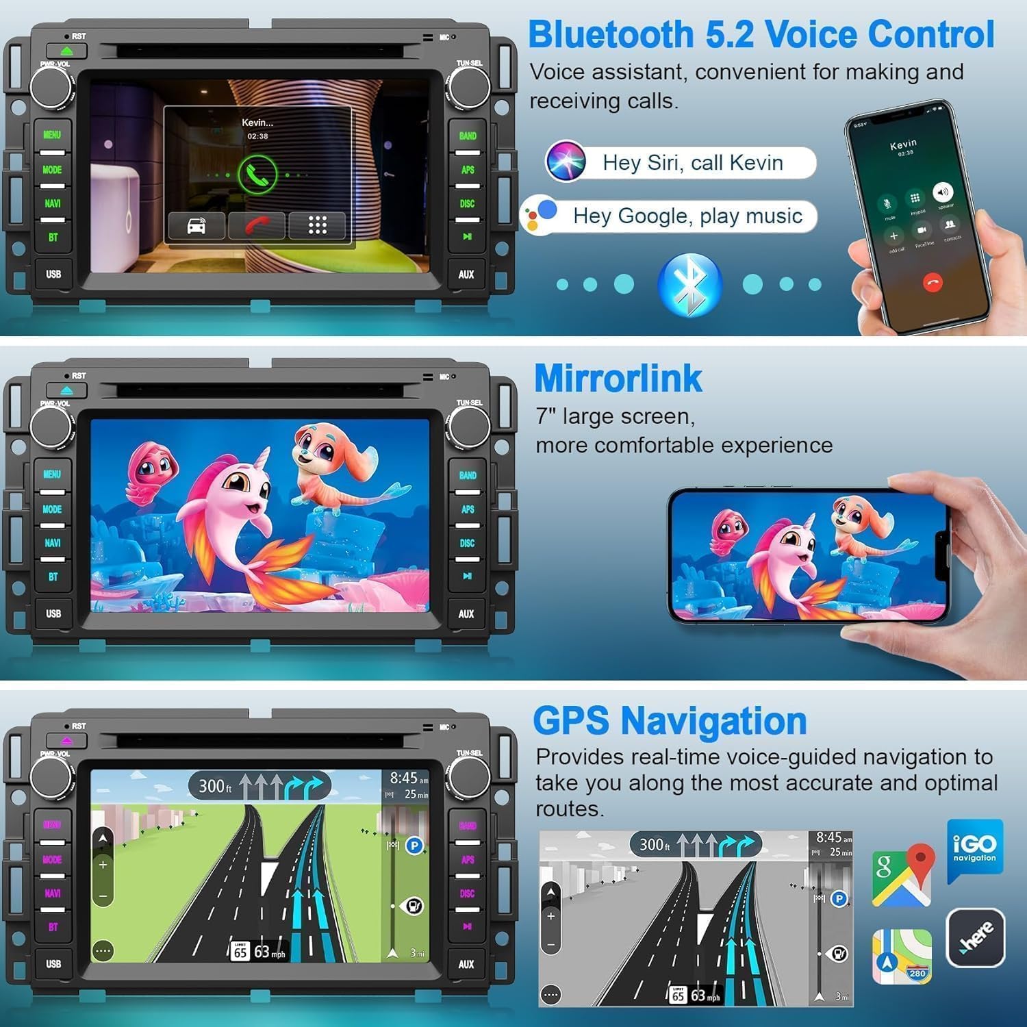Car Stereo with DVD/CD for 2007-2012 Chevrolet Chevy Silverado Impala GMC Sierra Acadia Enclave Yukon, 7" IPS Touch Screen Car Radio with GPS Wireless CarPlay/Android Auto, Backup Camera,SWC,DSP