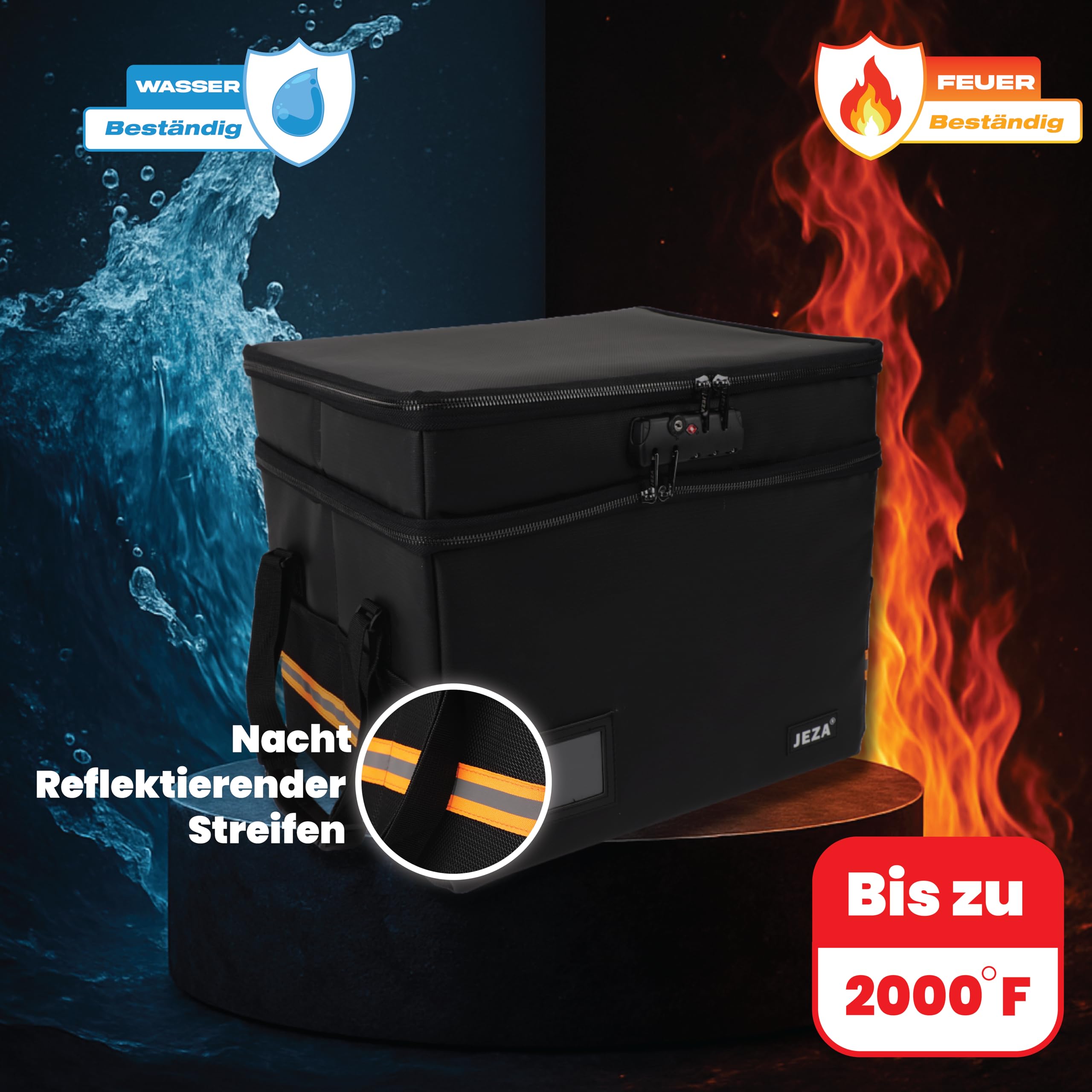 Jeza Feuerfeste und Wasserfeste Dokumentenbox mit Schloss, Faltbare Aufbewahrungsbox für Büro & Zuhause - Sichere Aufbewahrung für Dokumente & mehr - Inklusive 12 gratis Hängemappen