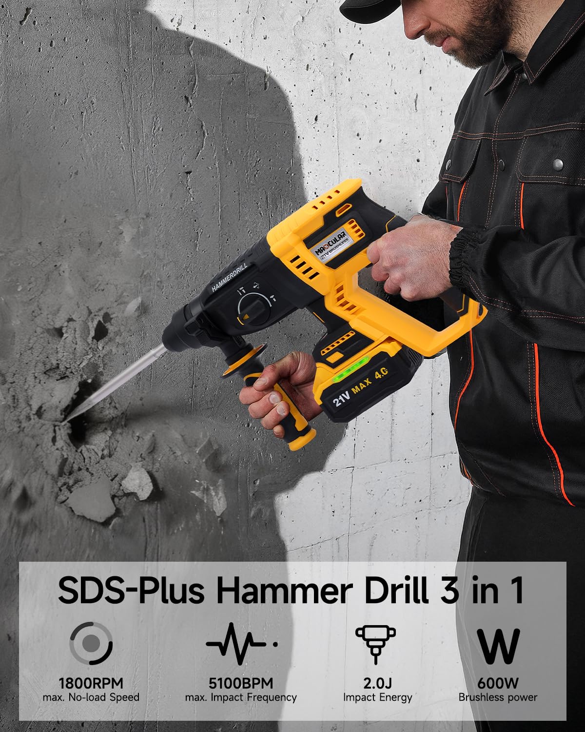 Akku Bohrhammer 21V, 2,0J Schlagkraft, 4in1 SDS-Plus 5100 BPM, 26 mm Betonbohrleistung, Bürstenlos, inkl. 2 * 4.0Ah Akku, 5tlg. Bohr-Meißel-Set, Ladegerät im Handwerkerkoffer