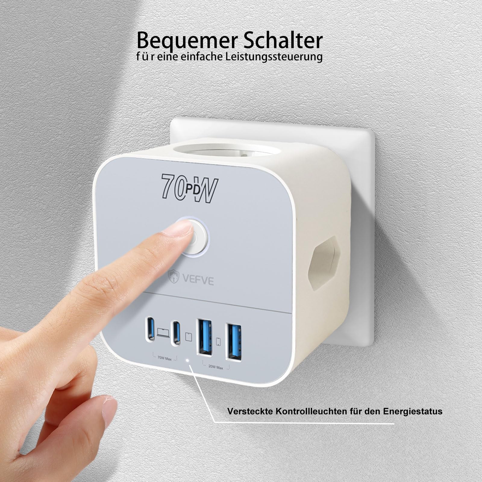 VEFVE Steckdosenwürfel ohne Kabel mit 70W USB C Ladegerät Mehrfachsteckdose