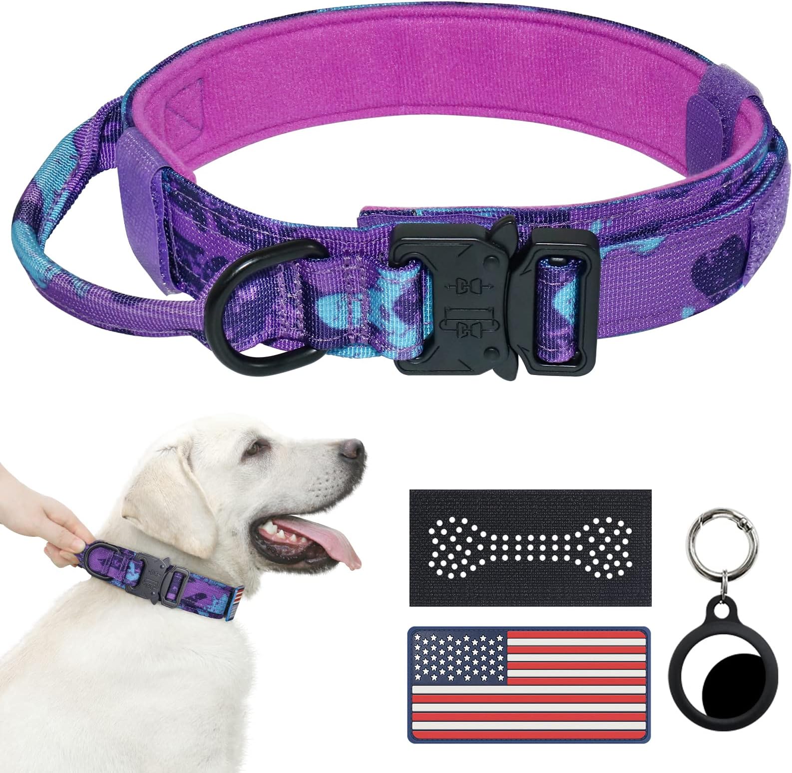 Hotsky Tactical Dog Collar - Adjustable Military Training Nylon Dog Collar with Handle and Heavy Duty Metal Buckle for Medium Large Dogs, with Airtag Holder and 2 Patches(Purple Camo, L)