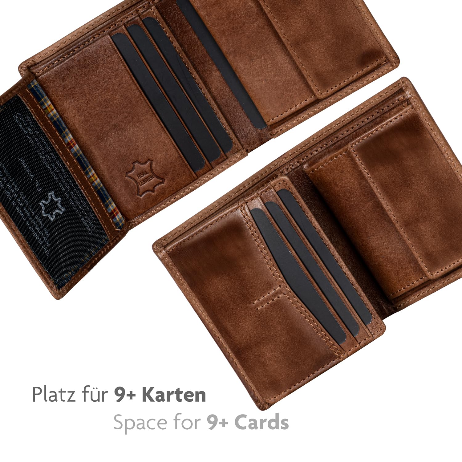 Fa.Volmer VO47 - Cartera de piel auténtica, protección RFID, 9 compartimentos para tarjetas y monedero, incluye caja de regalo, marrón envejecido, medium, Clásico