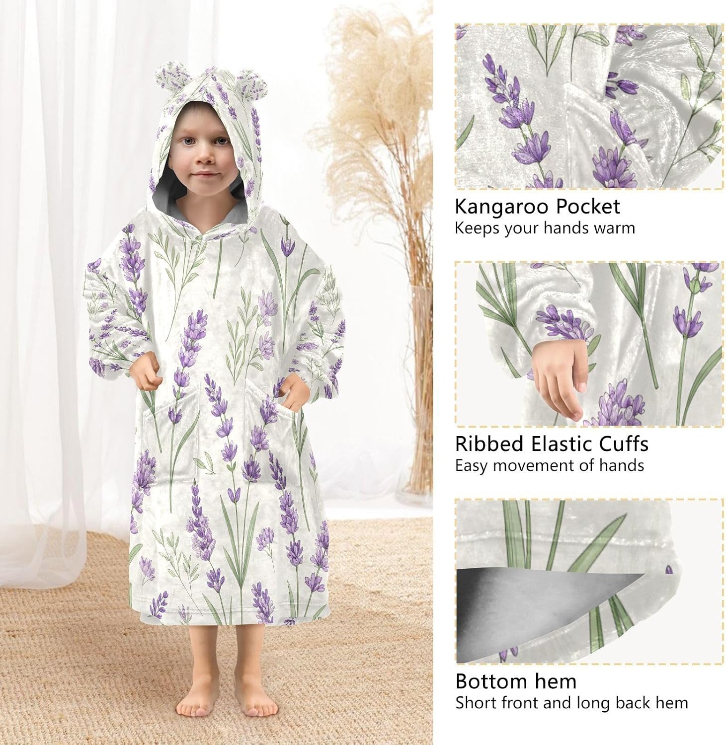 Kigai Lavender Wearable Blanket Hoodie for Kids Oversized Hooded Blanket Warm & Cozy Sweatshirt with Pockets