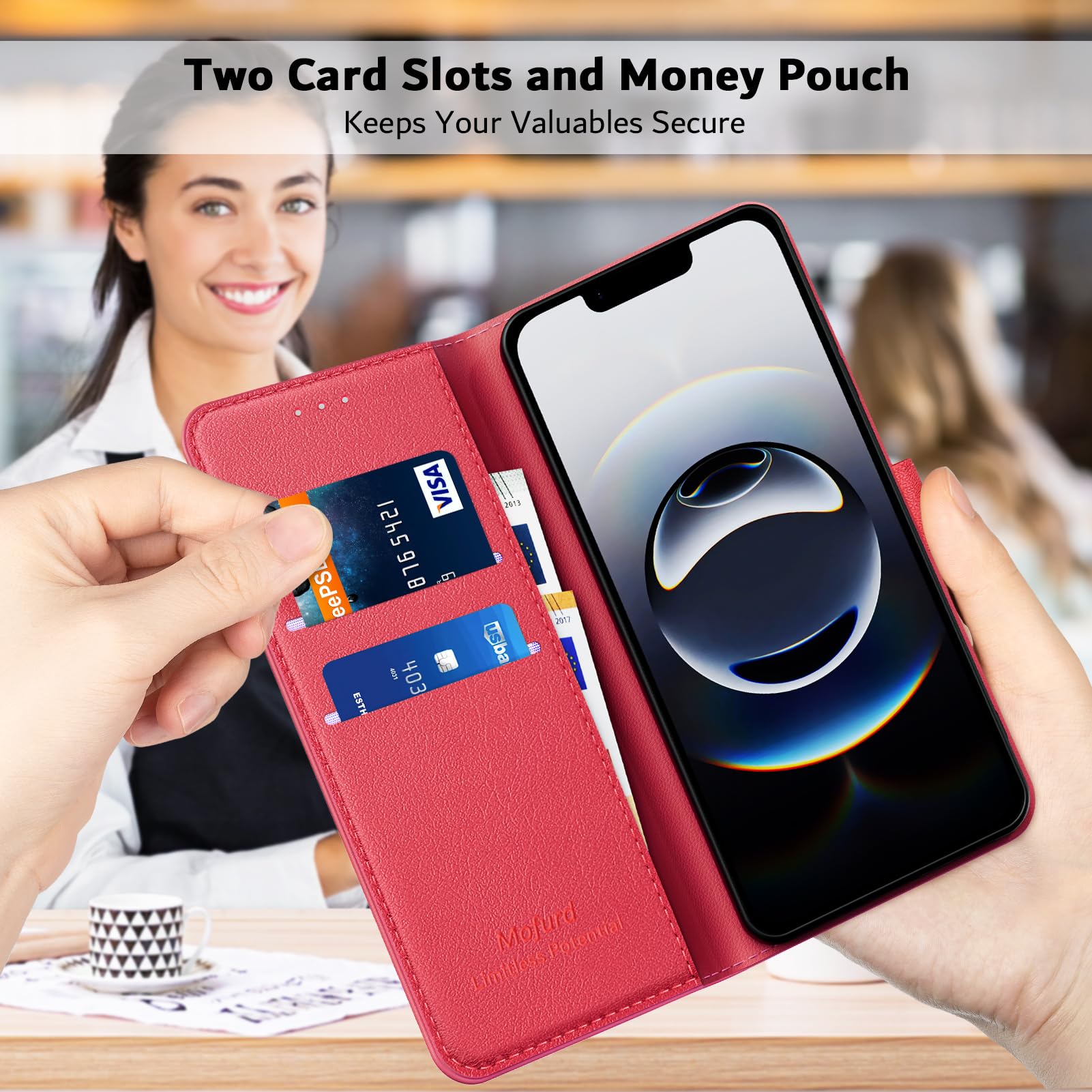 Mofurd Cover per iPhone 16e / iPhone 17e Libro in Pelle PU, [con 2 Pezzi Pellicola Vetro Temperato] Custodia Portafoglio Antiurto [Blocco RFID] [Funzione di Supporto] [Slot Schede], Rosso