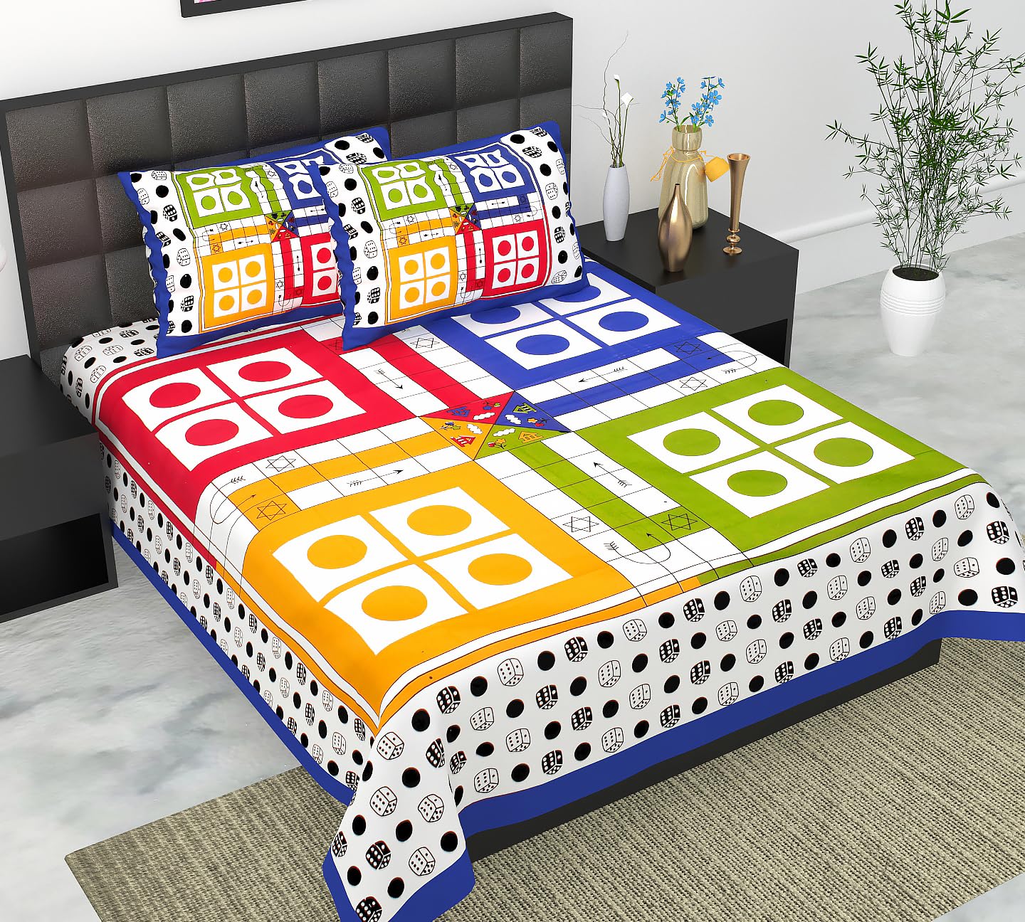 StitchCrafted Ludo Board Game Print Double Bedsheet Set with 2 Pillow Covers, Multicolour Dice Pattern, Cotton-image-15