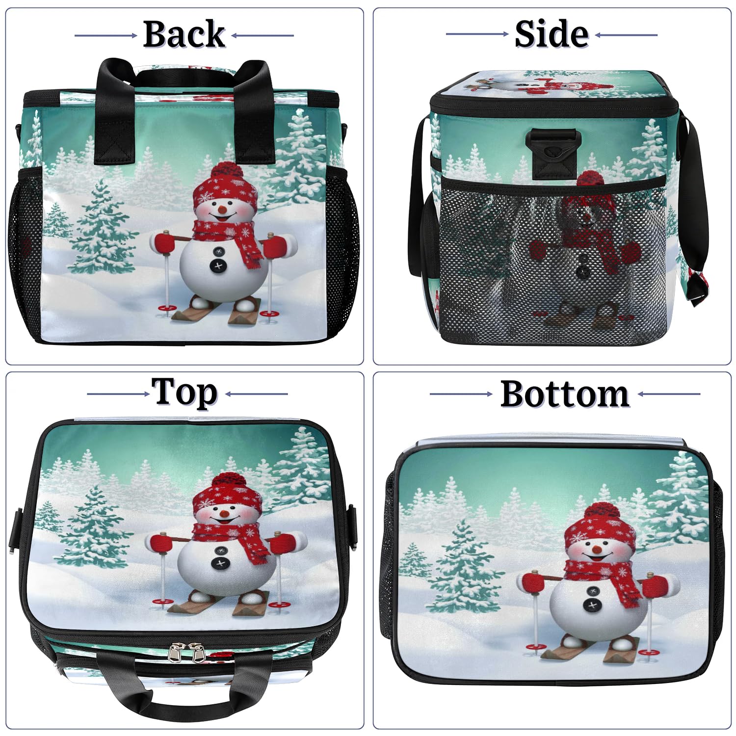 Große Lunchtasche mit weihnachtlichem Schneemann, für Erwachsene, Herren, Damen, Kinder, Mädchen, Jungen, Schneemann, Baum, Schneeflocke, isolierte Lunchbox, Kühltasche, Kühltasche, Kühltasche,