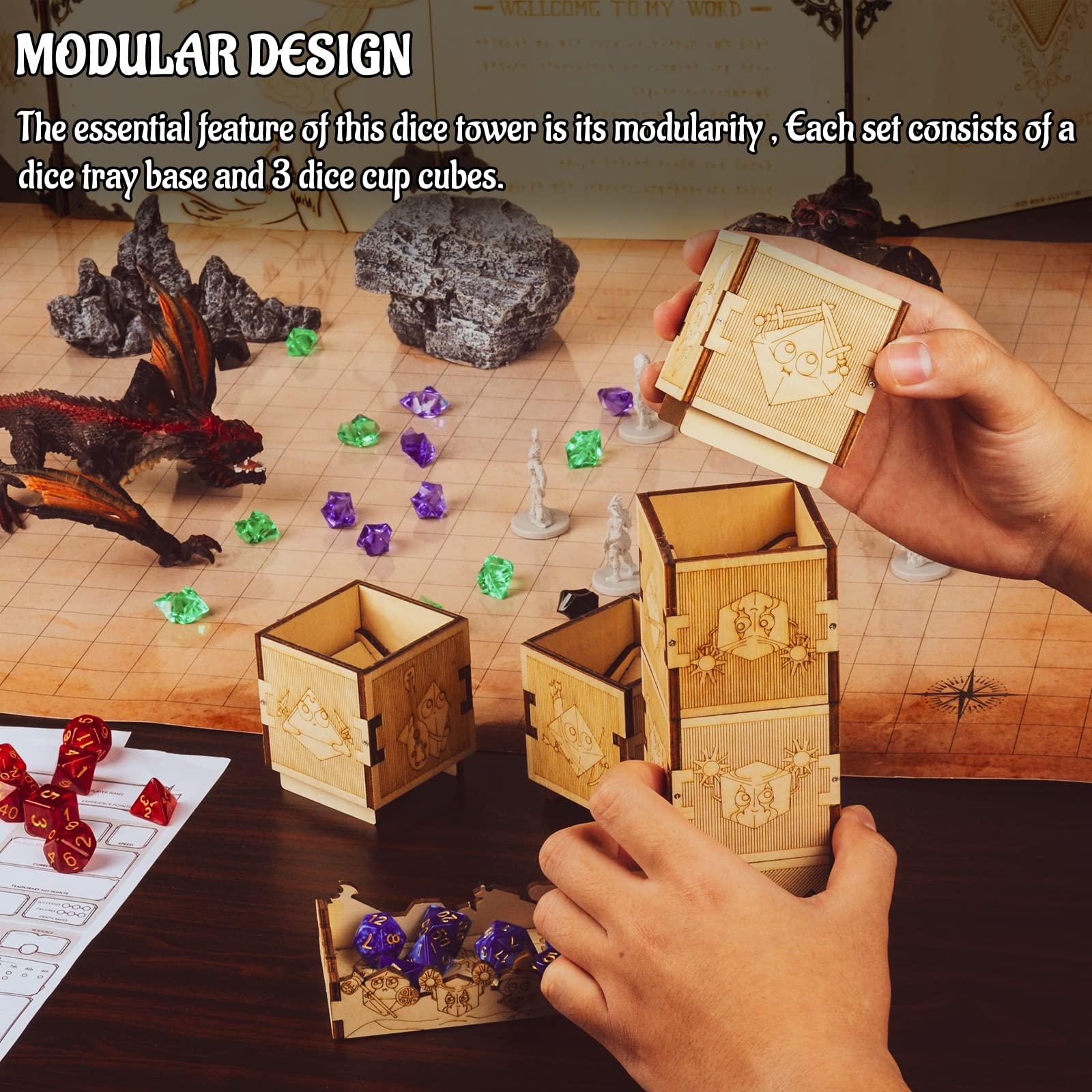 DND Modular Dice Tower Wood Laser Etched 12 Cute Classes Dice Roller Perfect for Board Game and Tabletop RPG (Modular)