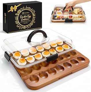 2026 Upgraded Easter Acacia Wood Deviled Egg Containers with Lid, Portable Deviled Egg Platter Tray with 28 Slots for Easter, Party & Picnic, Reversible Charcuterie Board, House Warming Gifts New Home