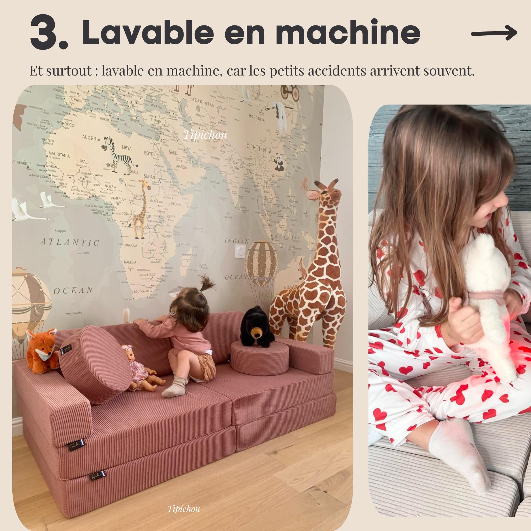Canapé Enfant Convertible - Chauffeuse 2 Places Transformable en Lit d'Appoint, Aire de Jeu, Fauteuil, Matelas de Sol - Idéal Cadeau Enfants - Possibilités de Jeux Infinies (Blanc Crème, 2 Places)