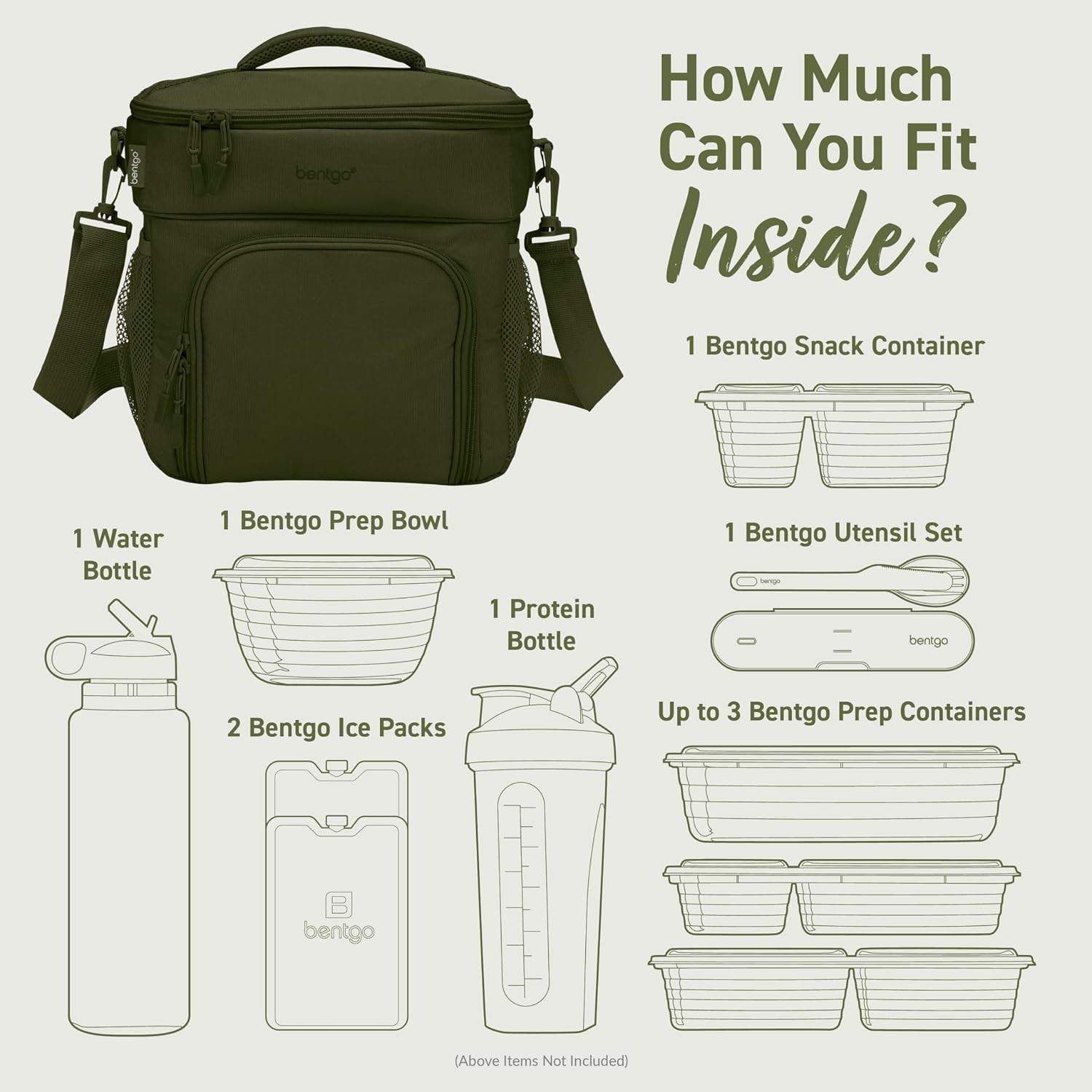 Bentgo Prep Deluxe Insulated Meal Prep Lunch Bag for Adults, Holds 5 Meals | Keeps Food Hot or Cold Up to 8 Hours, Water-Resistant, Dual Compartments (Olive Green)