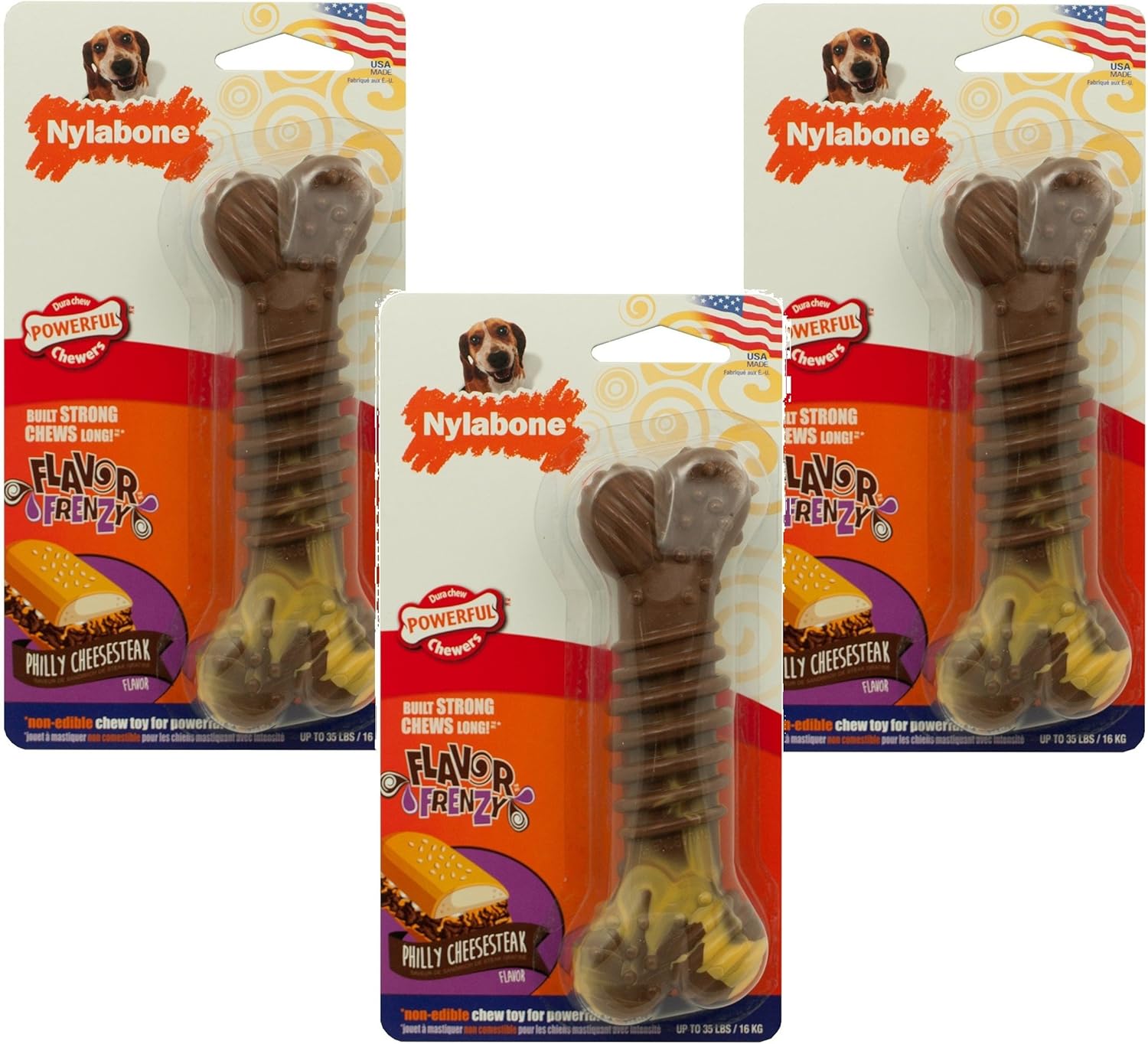 Nylabone (3 Pack) Flavor Frenzy Dura Chew Cheesesteak Flavored Bone Dog Chew Toys- Size Wolf/Medium