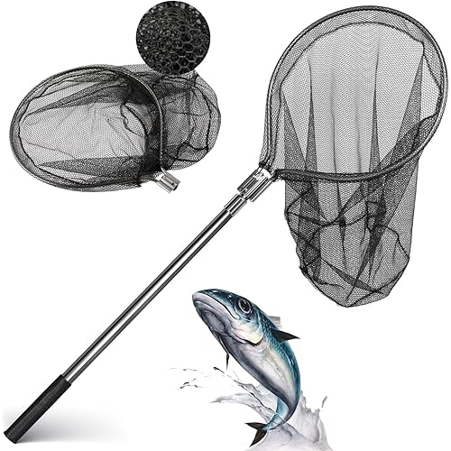 Heavy Duty Extra Large Rubber Fishing Net - Aluminum Telescoping Handle (67-100in), 20in Net Opening for Saltwater Fishing