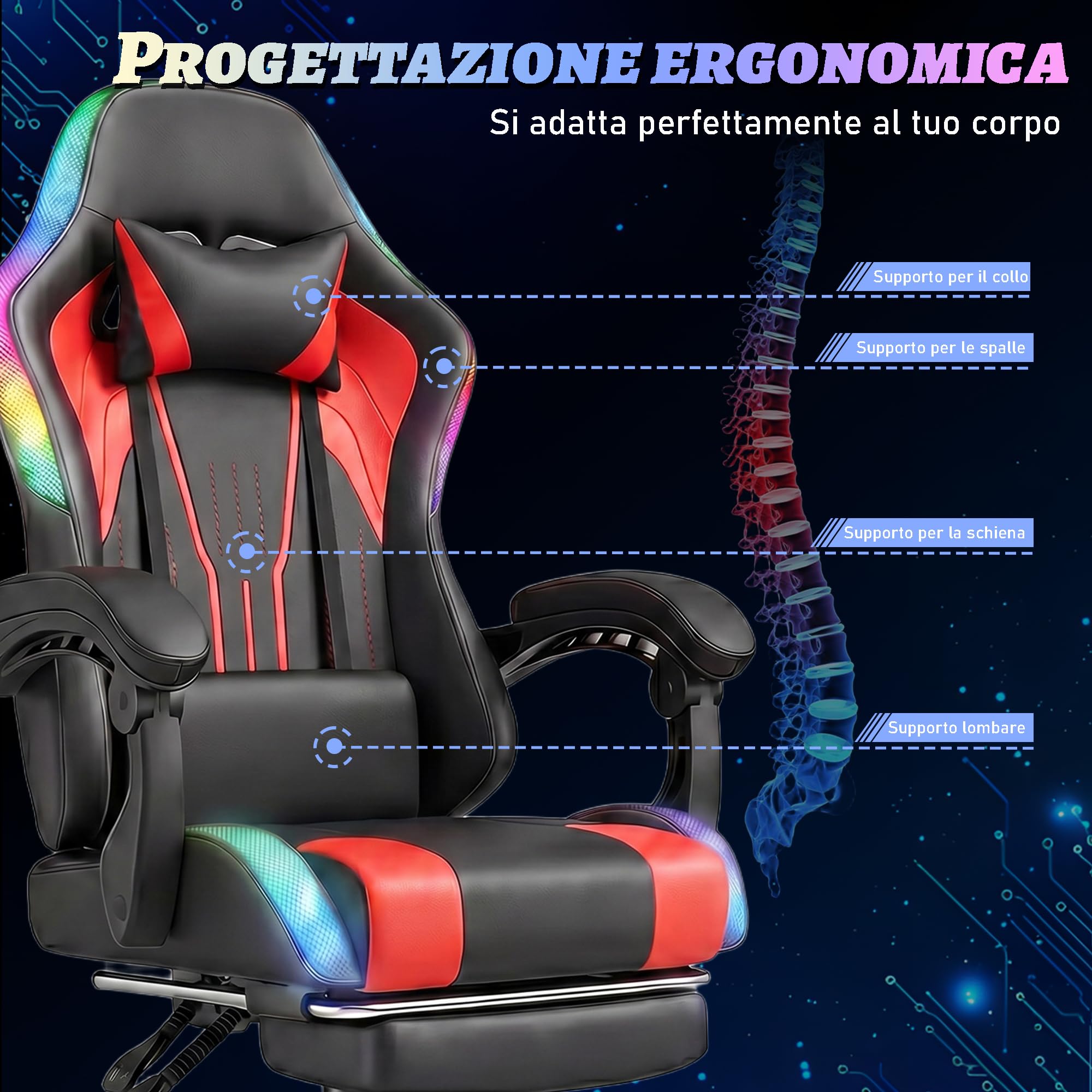 TRIUMPHKEY Sedia da Gioco con Luce RGB LED di Stile Gaming, 366 Modalità di Effetto Luminoso, Tela PU Resistente alla Sporco, Braccioli Sincronizzati, Cuscino Lombaire a Massaggio USB (Rosso)