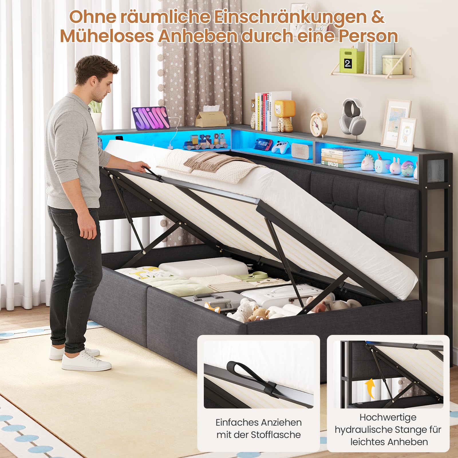 DICTAC Polsterbett 90x200 mit Stauraum, LED & Ladestation | Jugendbett 90x200 mit Hydraulischer Bettkasten, zweistöckiges Ablagefach |Tagesbett Einzelbett in Grau– für Kinder,Jugendliche & Erwachsene