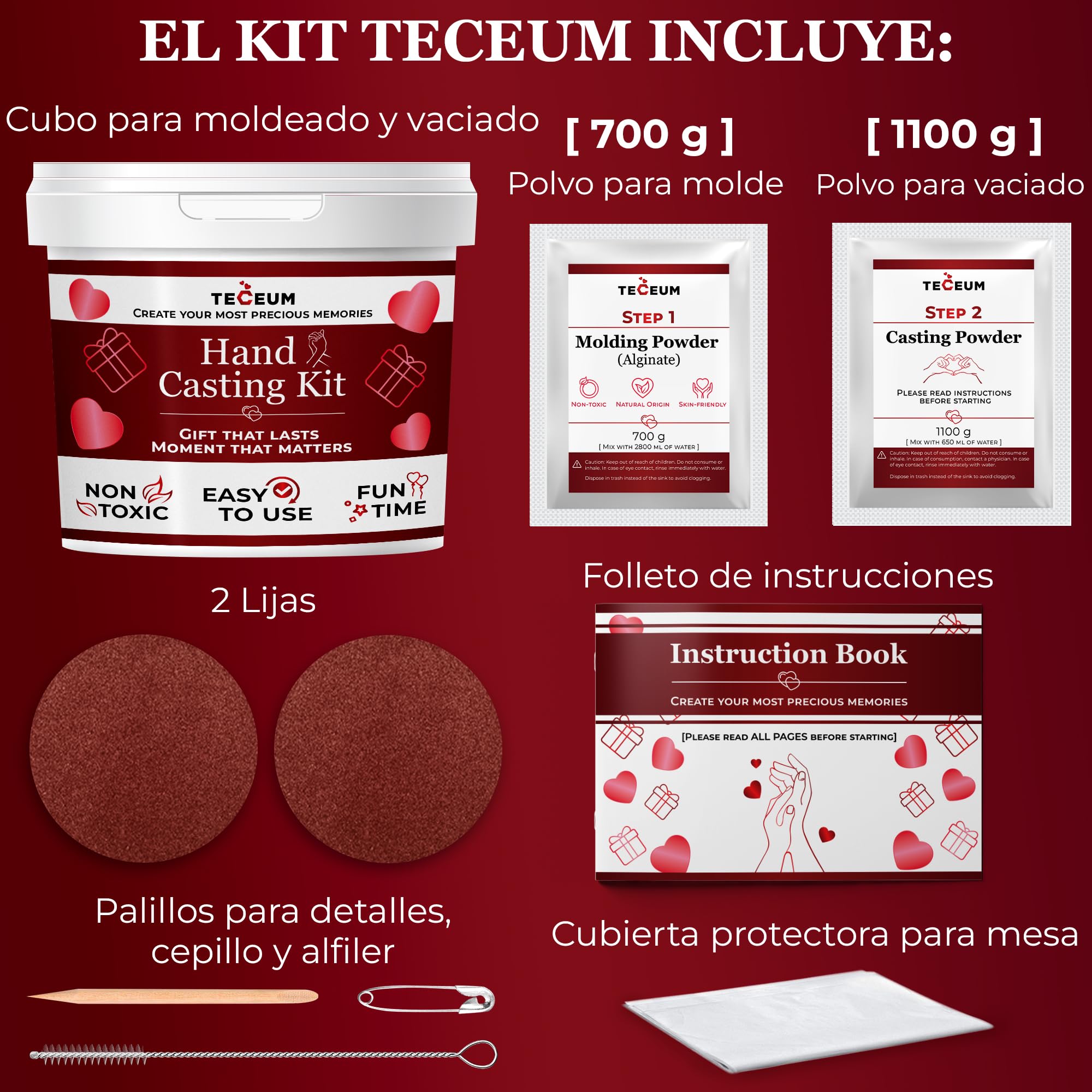 TECEUM Kit para Molde de Manos – Regalo Único para Tus Seres Queridos – Regalo DIY Ideal para Adultos, Parejas y Familia – Para Boda, Aniversario, Baby Shower – Regalos Románticos – Kit 1