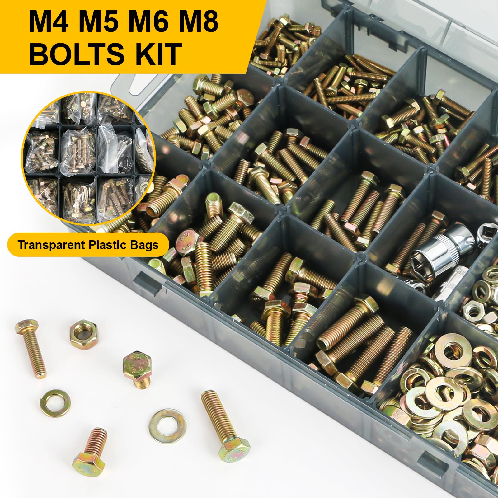 910-Piece Grade 8.8 Metric Bolt Assortment – M6 M8 M10 M12, Hex Bolts, Nuts & Washers, Yellow Zinc Plated, 18 Sizes, Storage Box