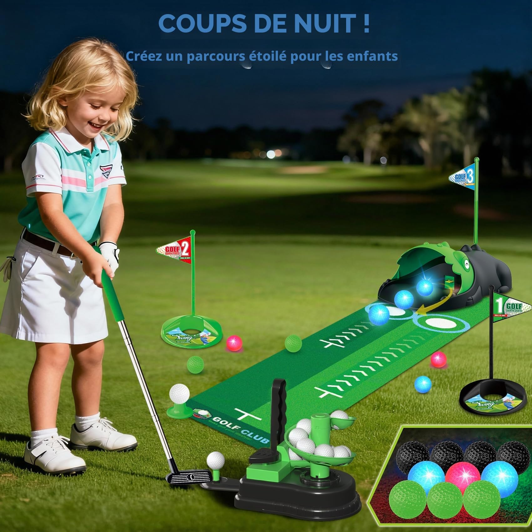 TERRAMUS Ensemble de Golf 3 en 1 pour Enfants, Jouet de Golf avec Lanceur de balles Automatique Dinosaure et balles Lumineuses LED, Mini-Golf intérieur/extérieur, pour garçons et Filles