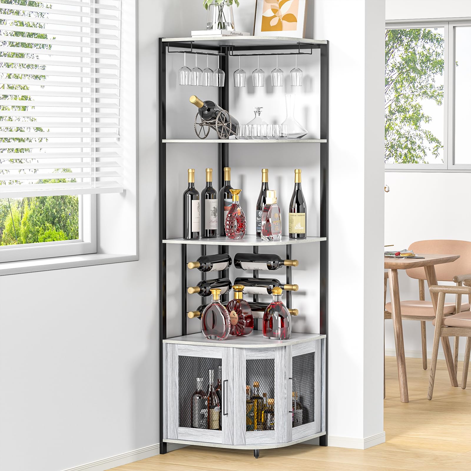 Weinschrank Eckschrank Industrial, Barschrank mit Glashalter, 4-Stöckiger Spirituosenschrank mit Metallgittertüren, Küche Hausbar Buffet-Weinregal, Küchenschrank für die Hausbar oder Kaffeebar