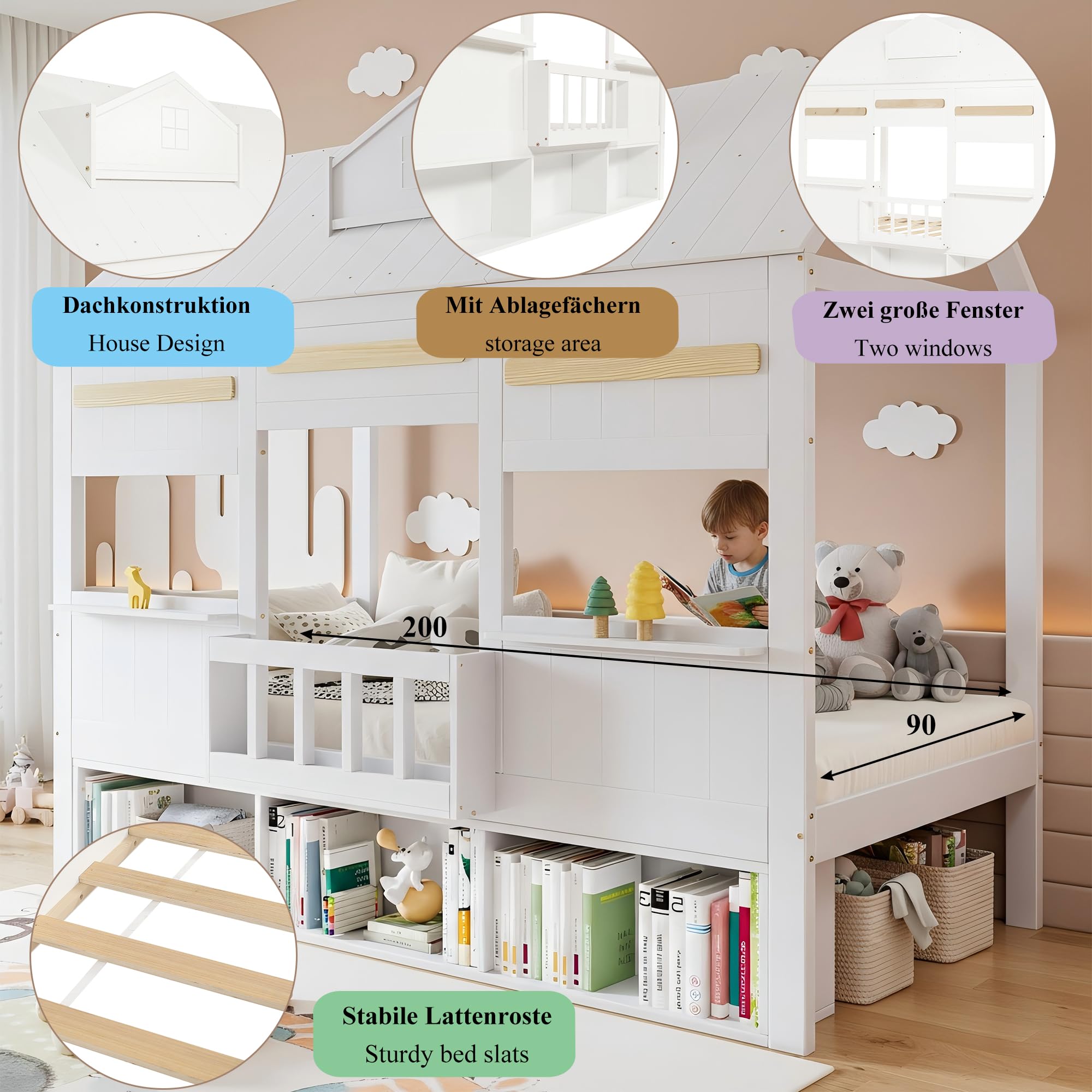 Letto Casetta per Bambini 90x200cm con Libreria e Finestre, Strutture letto in Legno di Pino, Rete a doghe(Nessun materasso