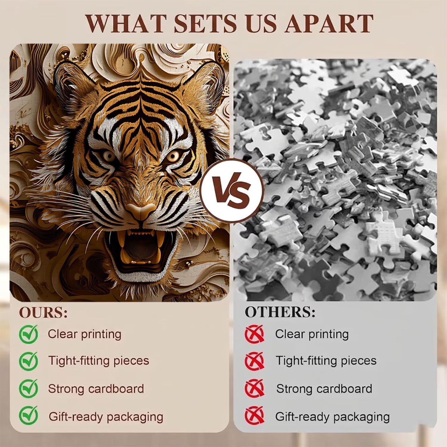 tigre Intaglio legno Puzzle 1500 Pezzi per Adulti, Puzzle in Legno - Collezione Classica con Poster Incluso - Sfida di Concentrazione e Passatempo Antistress, Gioco per Famiglia, 87 x 57 cm f0-616