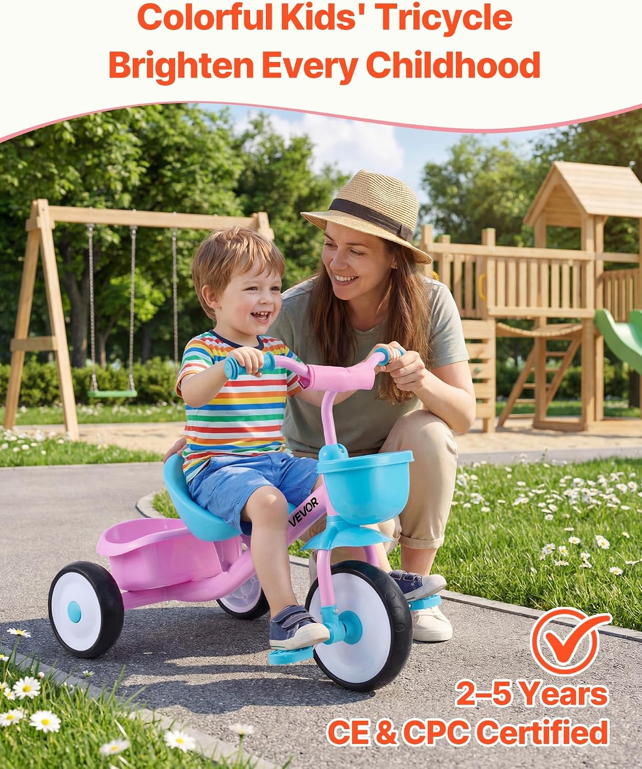 VEVOR Toddler Tricycle for 2-5 Year Old, Kids Trike with Adjustable Seat, Storage Basket, Carbon Steel Frame, Handlebar Grips for Outdoor Play, Tricycle for Toddlers, Birthday Toy for Boys and Girls
