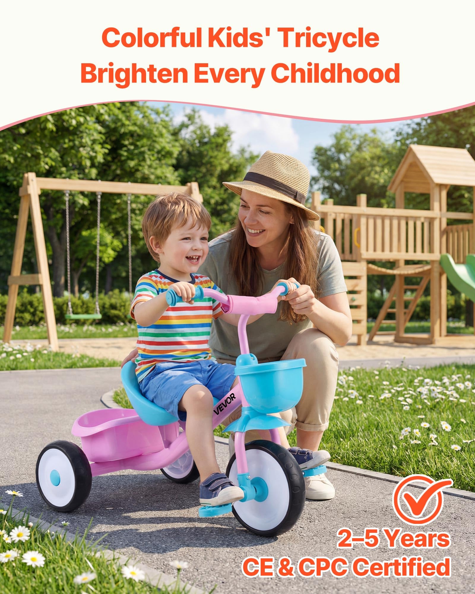 VEVOR Triciclo per Bambini da 2 a 5 Anni, Triciclo con Sedile Regolabile Cestino Posteriore Portaoggetti Telaio in Acciaio al Carbonio, Triciclo per Bambini con Manubrio Ruote in EVA, Rosa + Blu