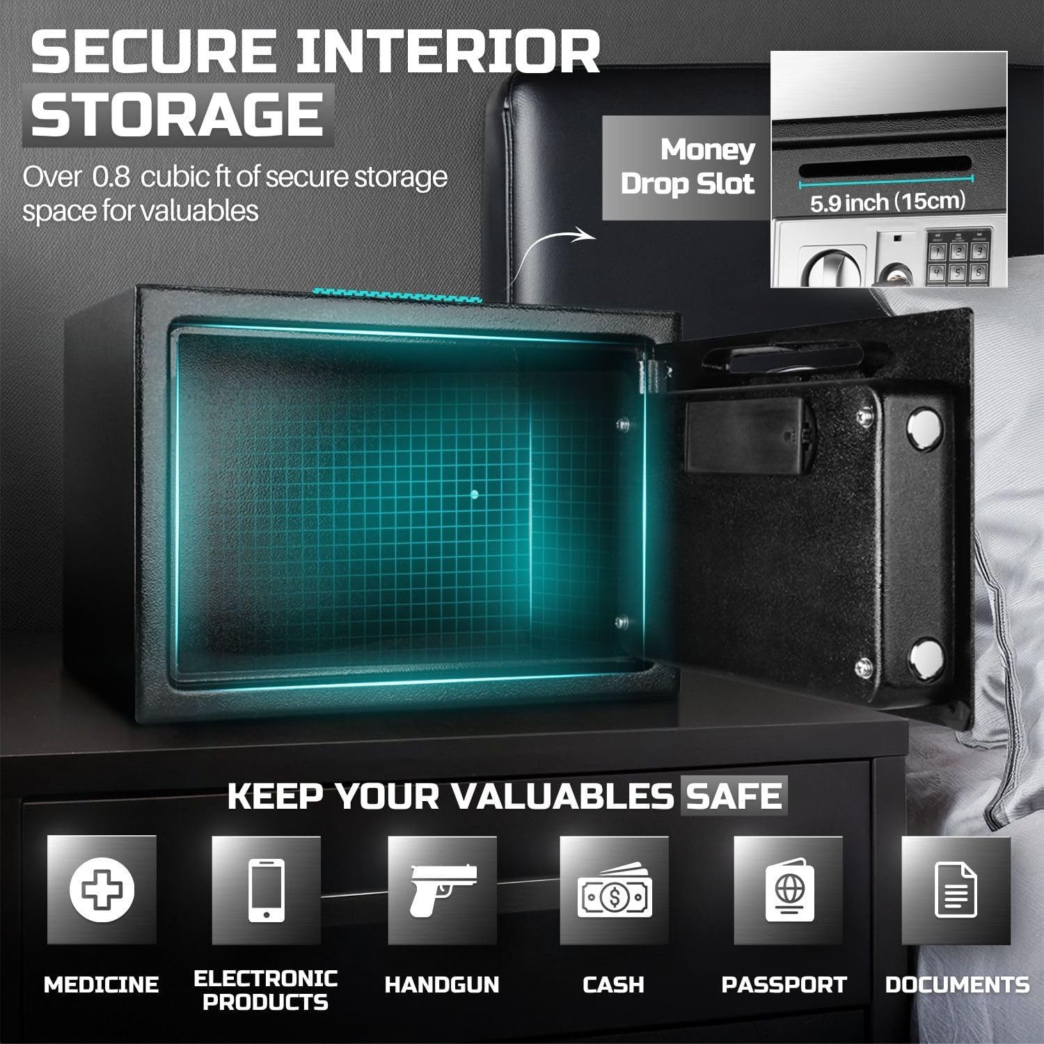 Flexzion Small Safe Box with Drop Slot - Electronic Drop Safe Box for Money with Digital Combination Keypad Lock - Cash Safe Box for Cabinets, Home & Office Security (13.8"x10"x10"), Black