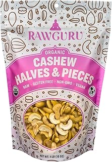 RawGuru Organic Cashew Halves|Pieces - Raw | Keto | Vegan | Kosher | Paleo | Gluten Free Snacks | Superfood, 16 oz.