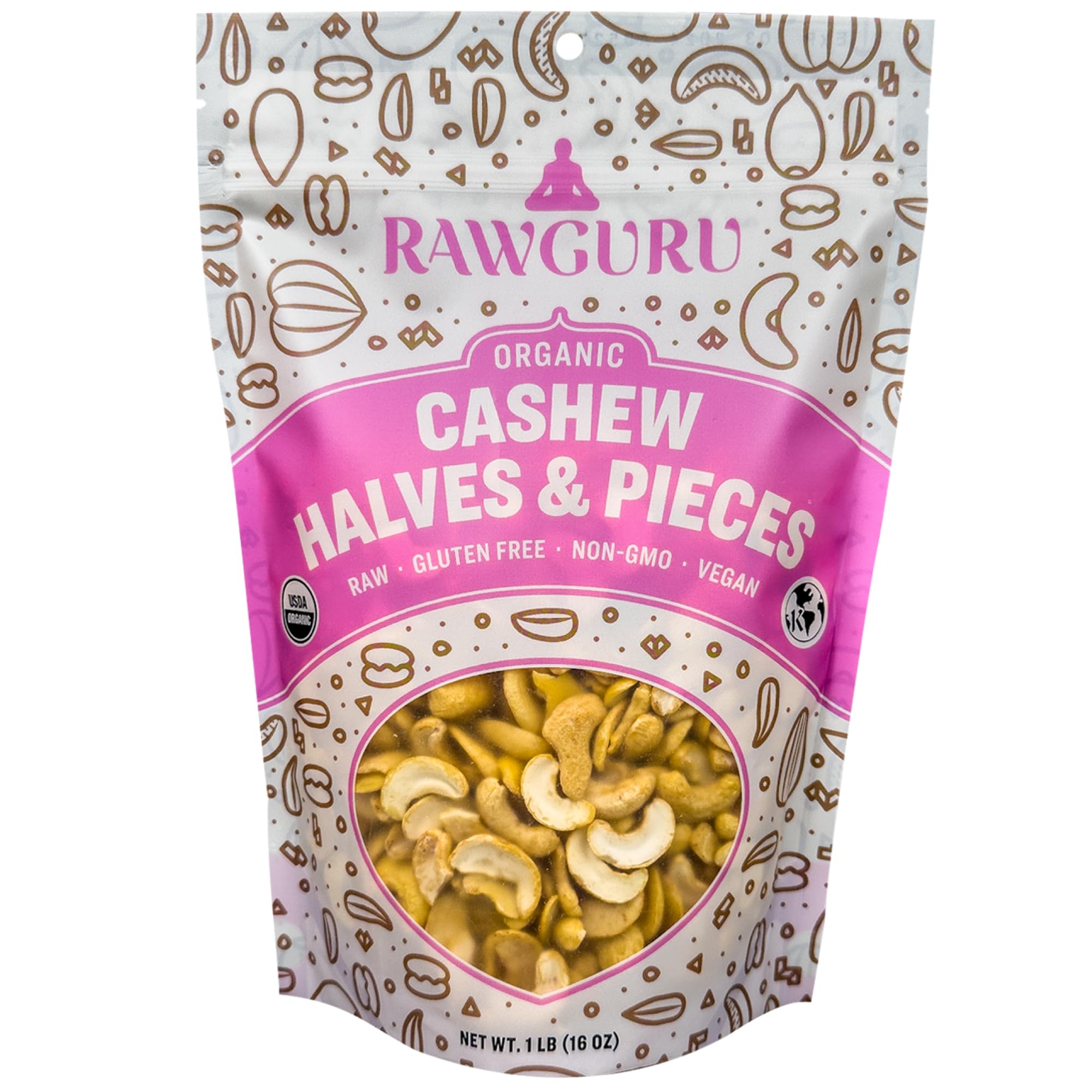 RawGuru Organic Cashew Halves|Pieces - Raw | Keto | Vegan | Kosher | Paleo | Gluten Free Snacks | Superfood, 16 oz.USDA Organic