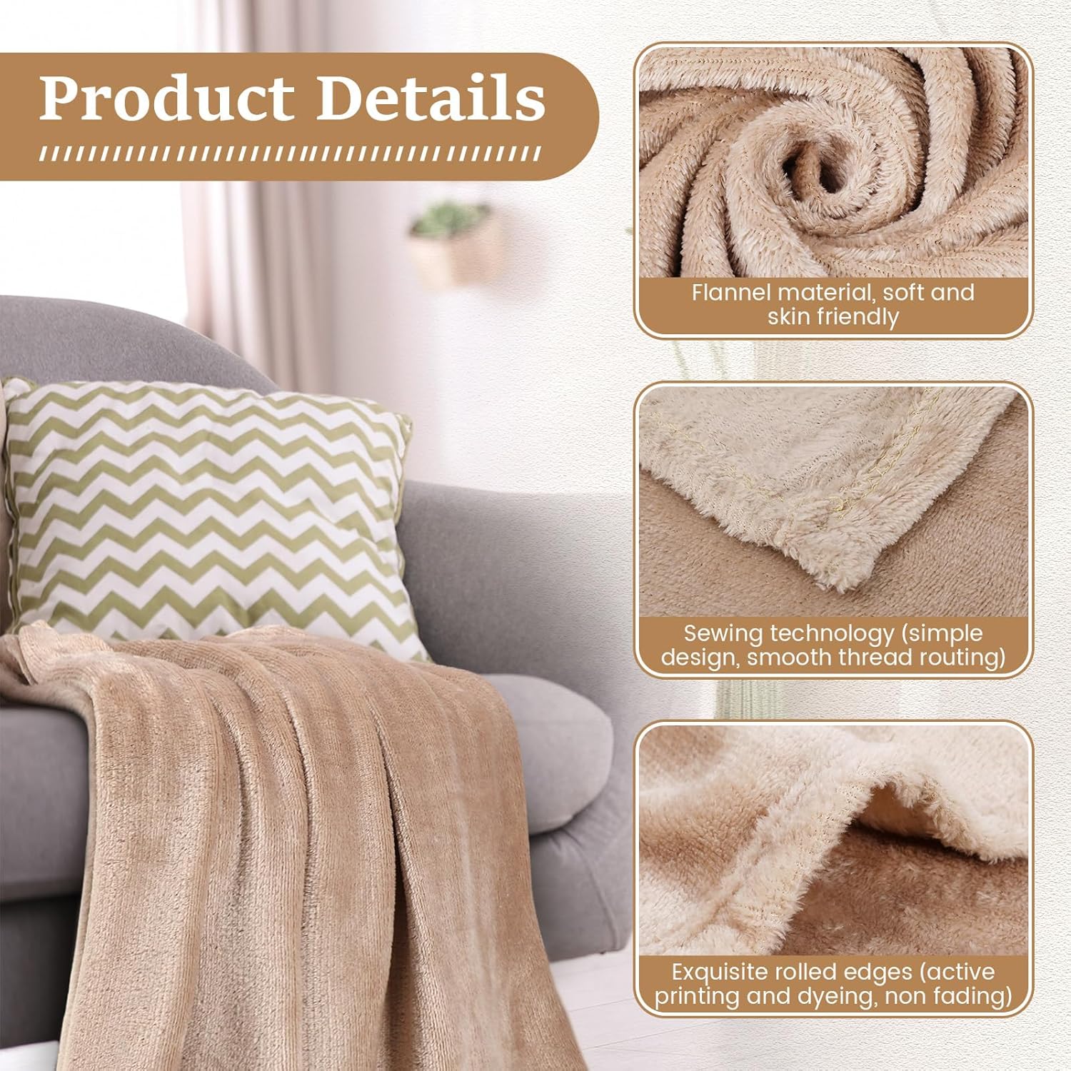 18 Pieces Throw Blankets Bulk 50 x 60 Inch Soft Warm Lightweight Fleece Flannel Blankets Bulk for Homeless Cold Weather Wedding Guests Gifts Home Couch Sofa Bed(Camel) - Image 5