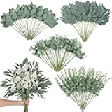 120 Pcs 4 Kinds Mixed Artificial Eucalyptus Leaves Stems Bulk Fake Silver Dollar Eucalyptus Bundle Faux Plants Greenery for DIY Bouquets Floral Arrangement Wedding Engagement Party Decor (Green)