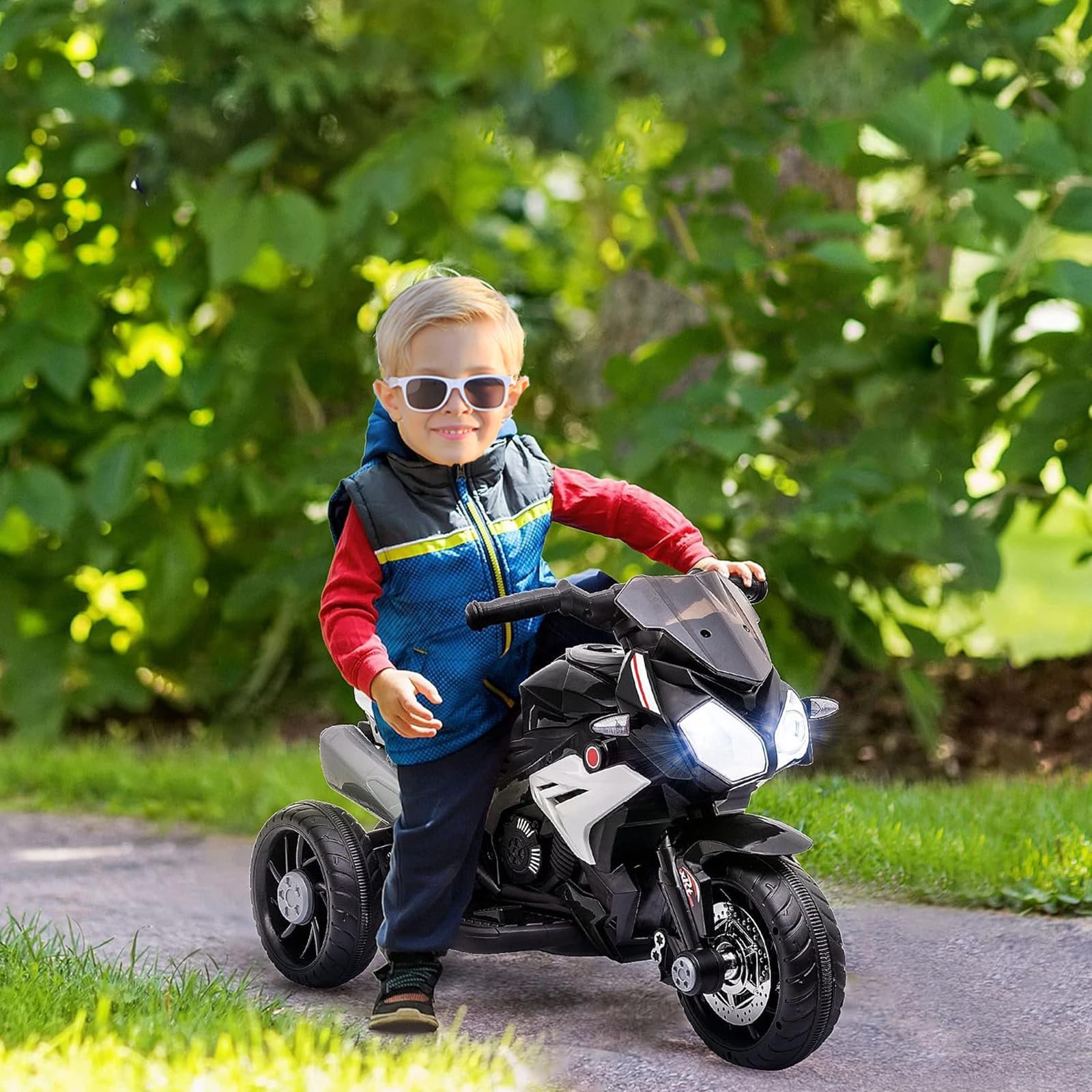 LEADZM Moto électrique pour Enfants de 3 à 5 Ans 6 V 7 Ah, Vitesse Max 3 km/h avec Musique & Lumière (Noir)