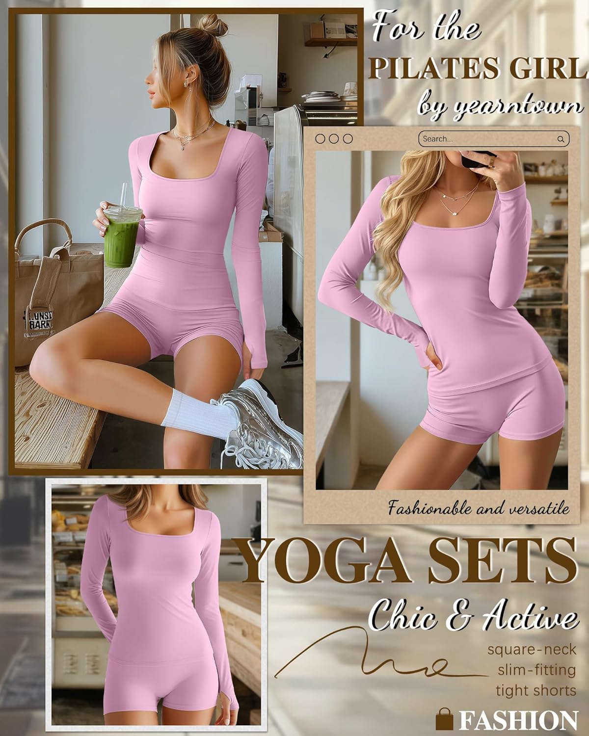 2 Pieces Women's Workout Sets Long Sleeve Top with Thumb Holes Matching High Waist Shorts Gym Yoga Outfits