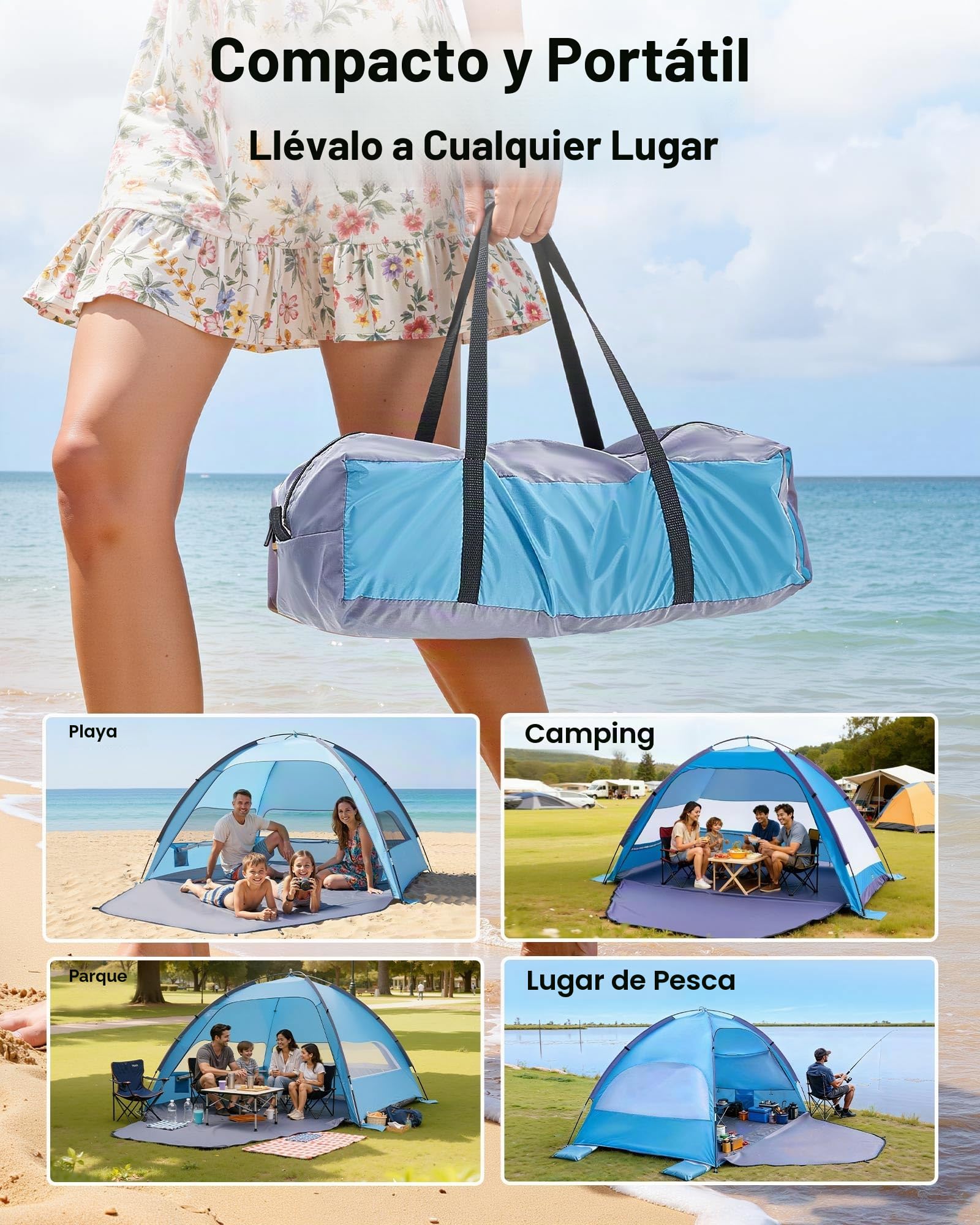 VEVOR Tienda de Playa para 4 Personas, Carpa de Refugio de Sol Protección UPF 50+, Carpa Portátil de Playa con Bolsa de Transporte y Bolsillos para Arena, para Acampar, Pescar, Picnics al Aire Libre