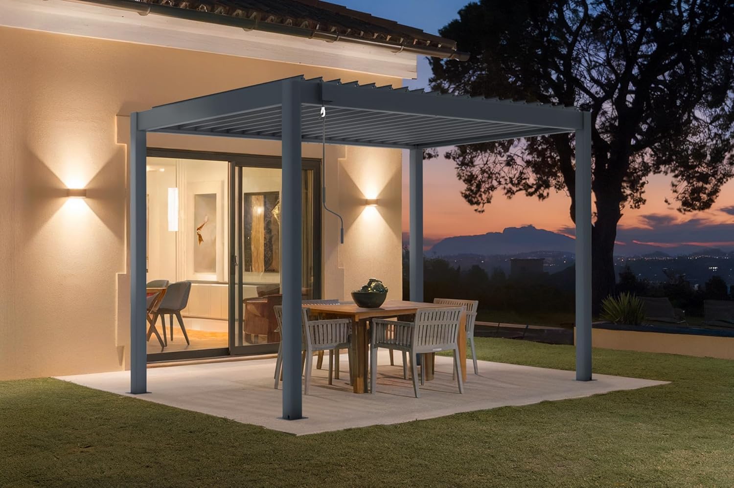 Technical diagram of Cazeboo PIANA pergola with dimensions and component details