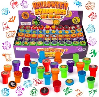 ArtCreativity Halloween Stamps for Kids, Pack of 100 Assorted Pre-Inked Spooky Stampers, Best for Party Favors, Goodie Bag Fillers, Trick or Treat Toy Supplies, Birthday Gift Bags, Pumpkin Stamp