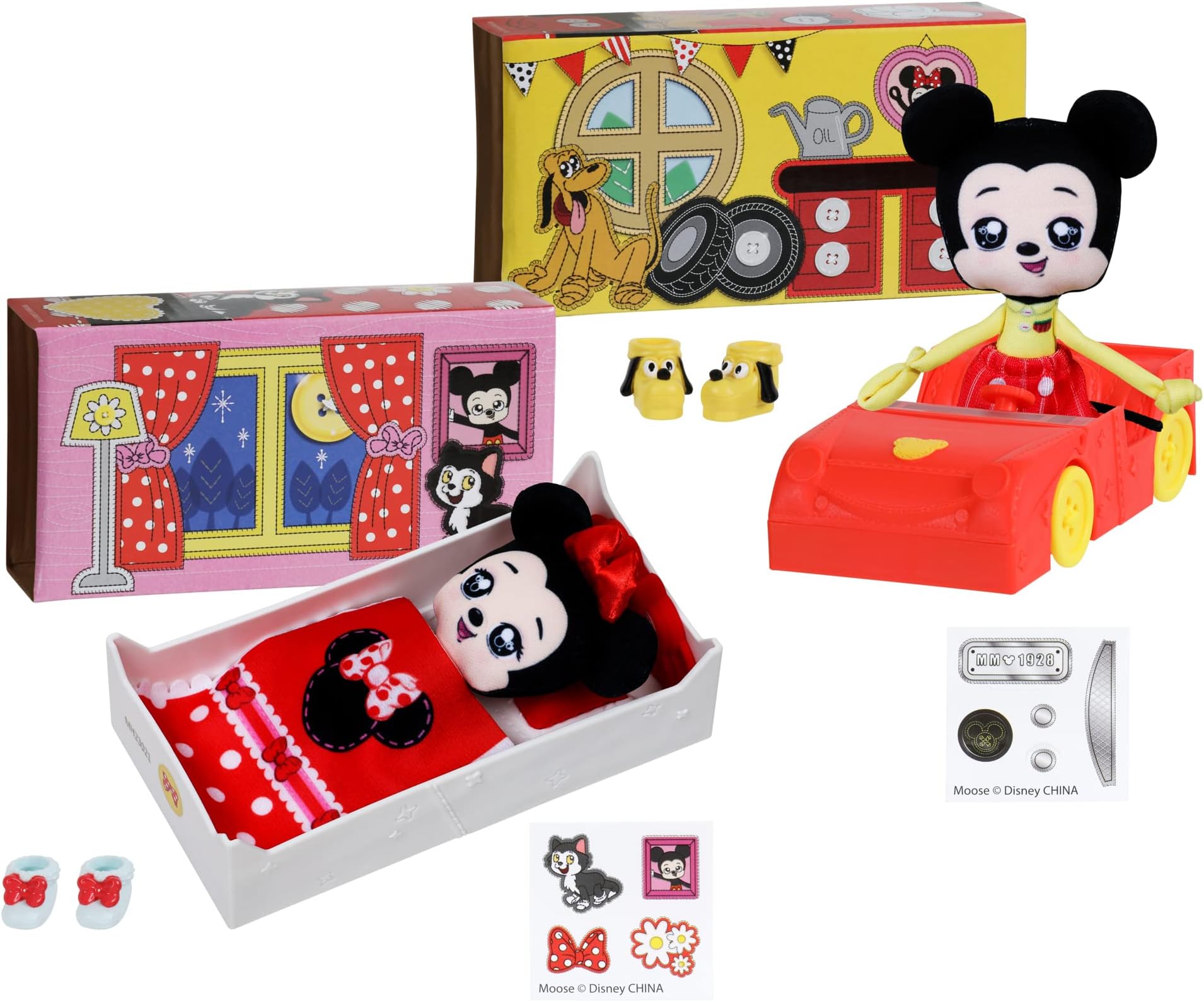 Sweet Seams 6" Soft Rag Doll Amazon Exclusive Bundle Pack – 2pc Toy | Classic Minnie Mouse Doll and Bedtime Playset Plus Classic Mickey Mouse and Car Playset