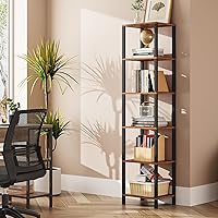 TUTOTAK 6-Tier Narrow Bookshelf for Small Spaces - Tall Stackable Bookcase, Rustic Industrial Brown, Versatile Storage for Living Room, Office, Entryway