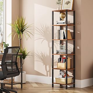 TUTOTAK 6-Tier Narrow Bookshelf for Small Spaces - Tall Stackable Bookcase, Rustic Industrial Brown, Versatile Storage for Living Room, Office, Entryway