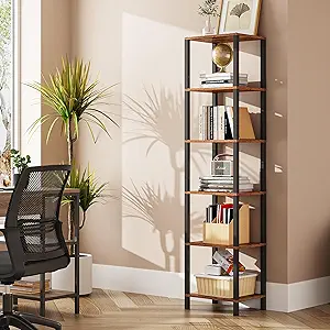 TUTOTAK 6-Tier Tall Bookshelf, Narrow Industrial Bookcase, Rustic Brown