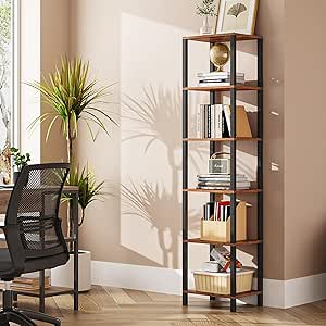 TUTOTAK Bookshelf, 6-Tier Tall Book Shelf, Narrow Bookcase for Small Space, DIY Stackable Bookshelf, for Living Room, Office, Study, Entryway, Industrial, Rustic Brown BS01BB006