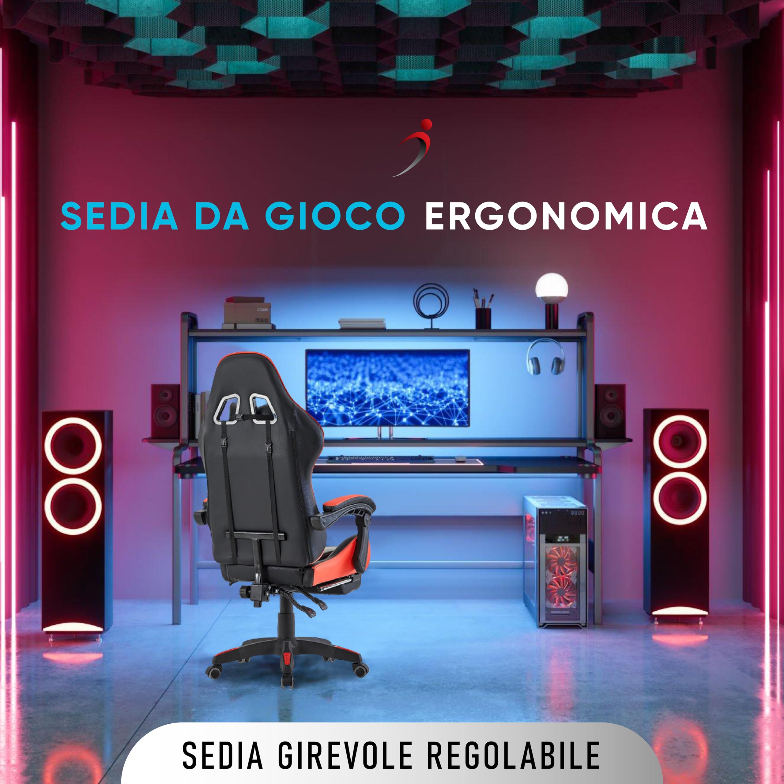 Walden Sedia da gaming, ergonomica, da ufficio, da gaming, schienale regolabile, sedia girevole da corsa, ufficio, computer, ergonomica, videogioco (Rosso)