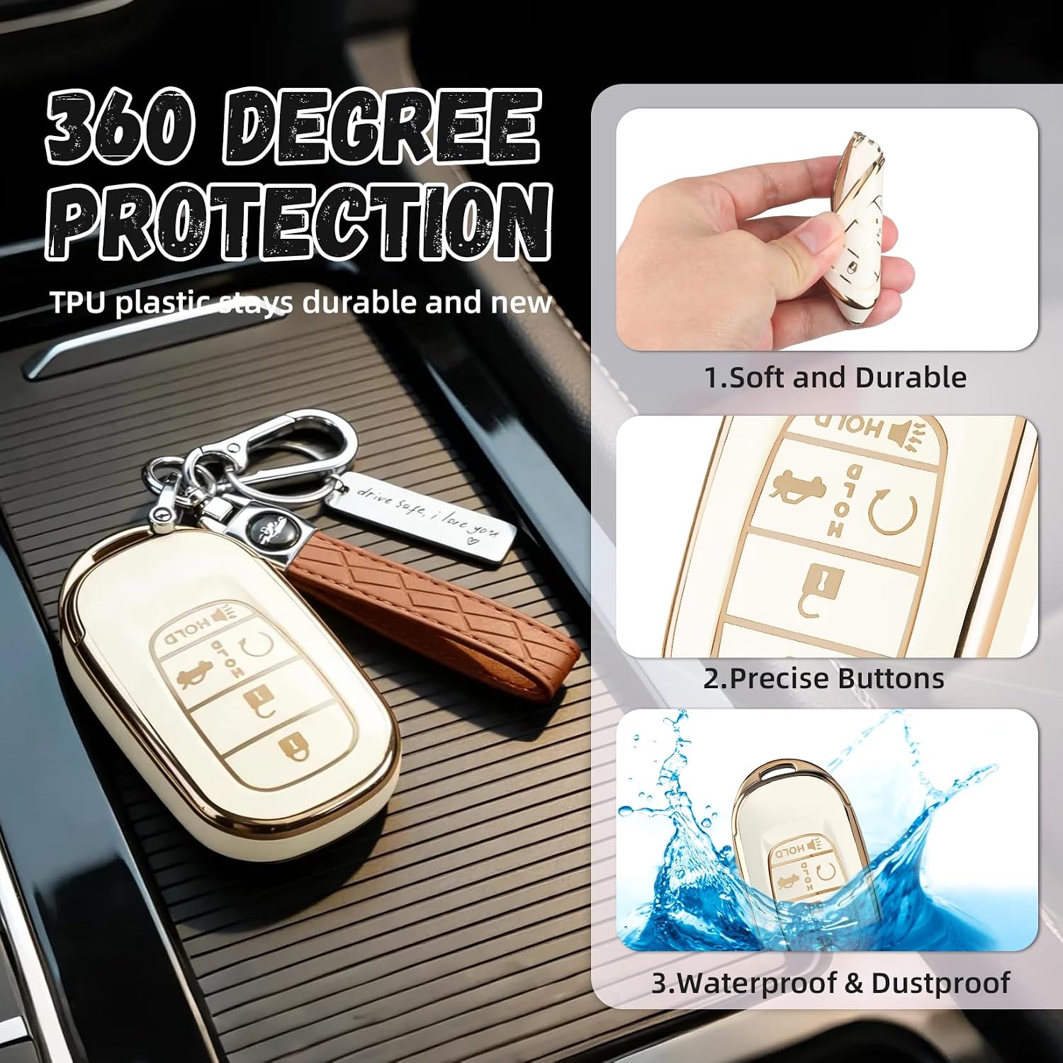 for Honda Key Fob Cover，Key Cover Fit for 2022-2026 Accord Civic CR-V HR-V Pilot Passport Ridgeline, 5 Button TPU Protector Key Fob Case with Keychain Accessories (Gold-White)