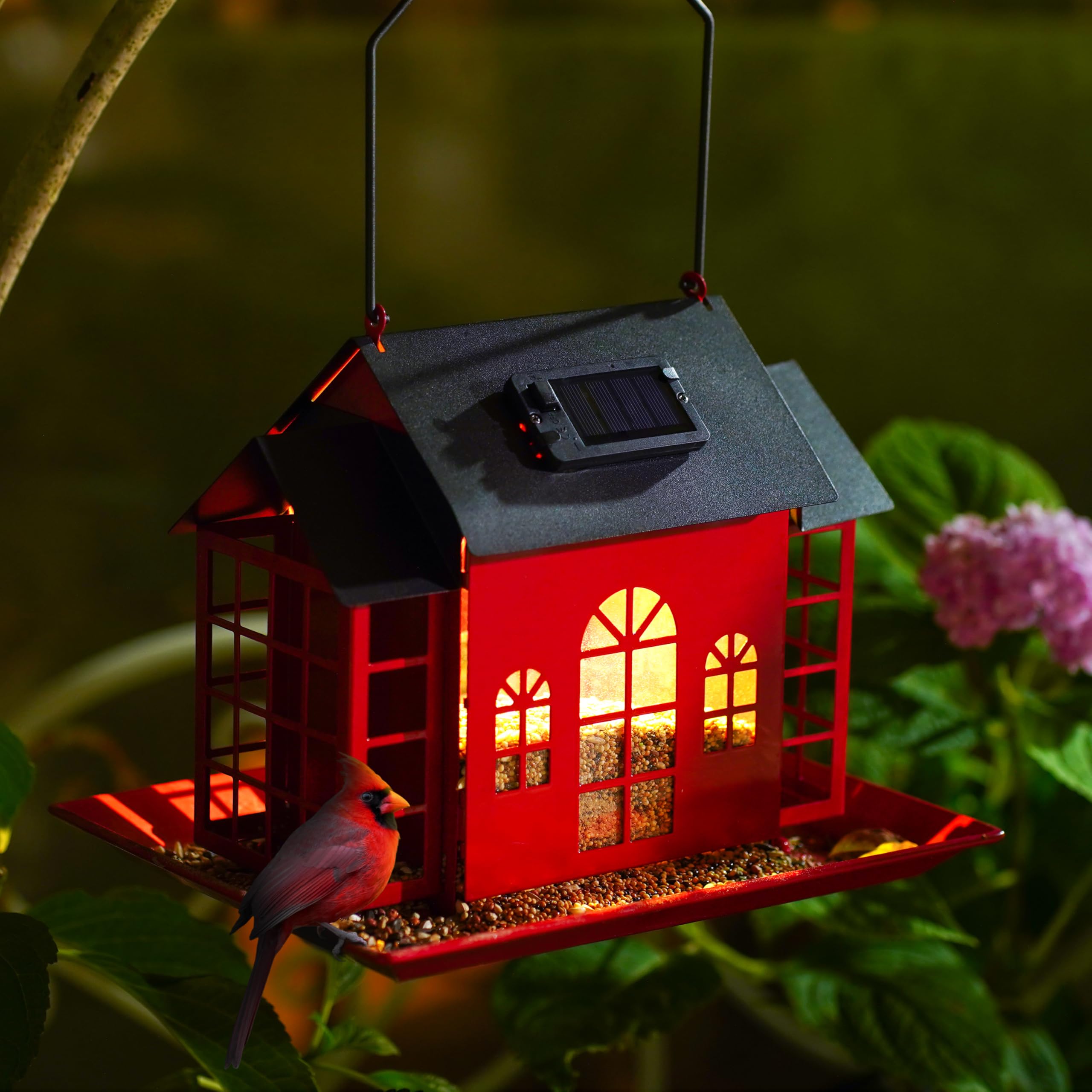 Comederos para pájaros para exteriores, comedero solar para pájaros, comedero de metal colgante con doble jaula de sebo, comedero de pájaros cardenal de gran capacidad, comedero para pájaros al aire